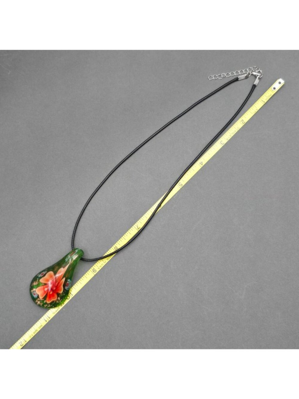 Artisan Glass Teardrop Pendant Necklace Orange Floral Millefiori Gold Foil - Picture 15 of 16